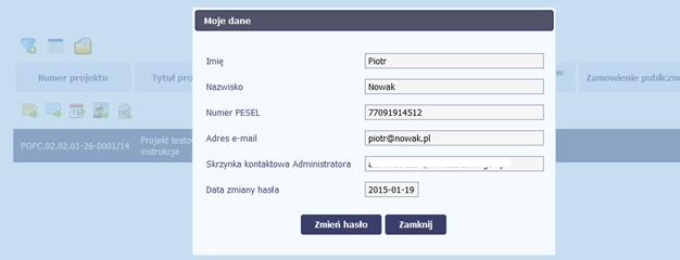 W otwartym oknie Moje dane możesz sprawdzić swoje dane wprowadzone do systemu na podstawie umowy/decyzji o dofinansowaniu, masz także dostęp do adresu e-mail administratora merytorycznego (w WS lub