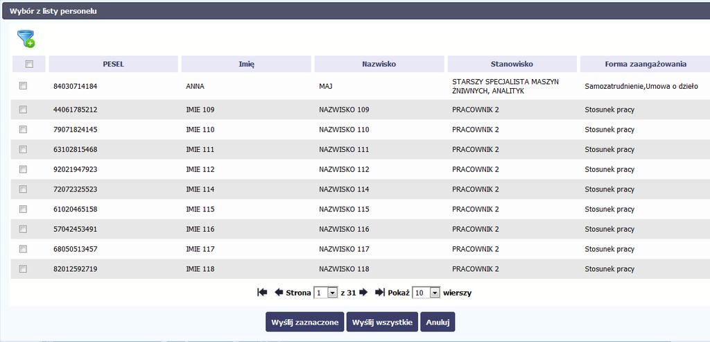 Po wyborze funkcji Prześlij wiele system wyświetla listę personelu, na której masz możliwość wyboru danych, które chcesz przesłać do instytucji.