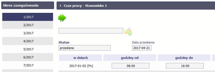 instytucji. Formularz Czas pracy staje się niedostępny do edycji. Pole Status uzyskuje wartość przesłane, a Data przesłania jest uzupełniona automatycznie przez system.