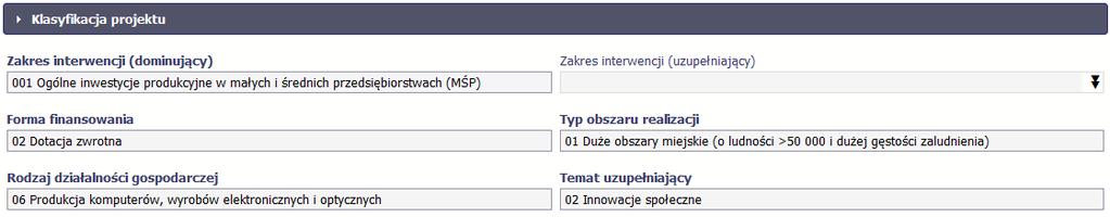 Dane w bloku Klasyfikacja projektu służą celom statystycznym.