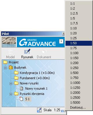 Opisy 15: Zarządzanie rozmiarem symbolu przekroju za pomocą skali Symbole przekrojów wyświetlane na rysunkach zbrojenia mogą być skalowane za pomocą opcji Skala z poziomu Pilota Advance Concrete.