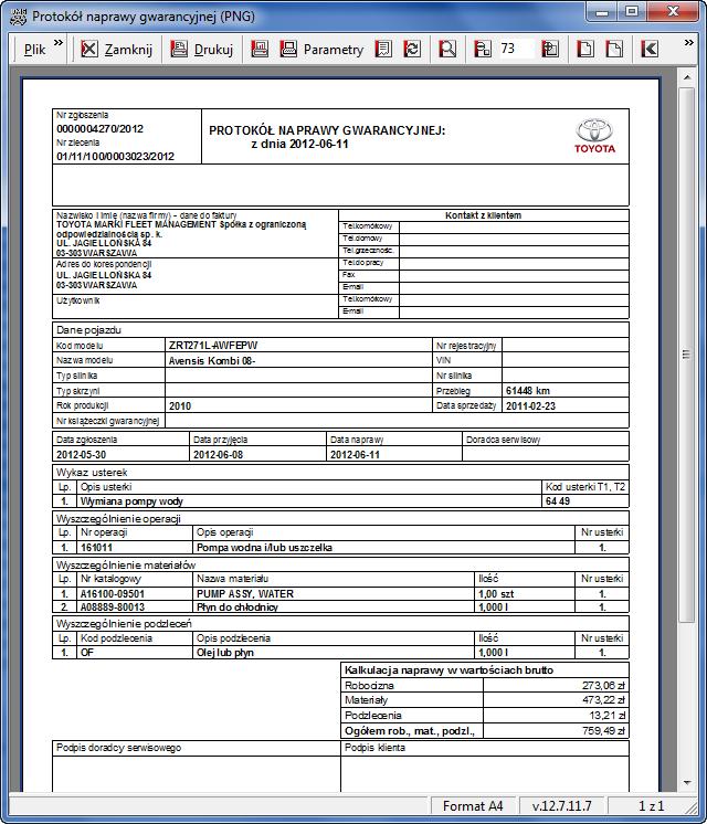 7. Wydruk "Protokół naprawy gwarancyjnej (PNG)" wykonano w technologii FastReport.