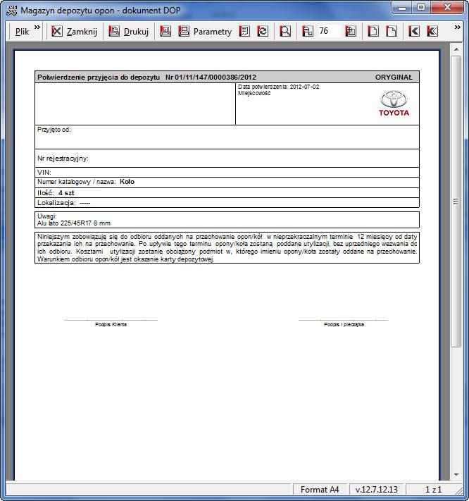 Zmiany w module depozytu opon 1. Wydruki potwierdzeń przyjęcia/wydania opon wykonano w technologii FastReport.