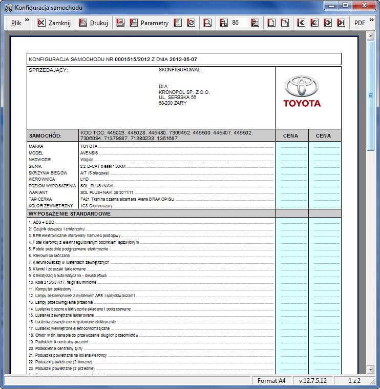 Zmiany w module salon samochodów 1. Wydruk "Konfiguracja samochodu nowego" wykonano w technologii FastReport.