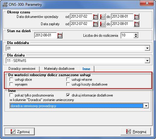 Zmiany w module wydruków 1. Do zestawienia ONS-300 dodano parametry umożliwiające doliczanie wartości usług do wartości robocizny.