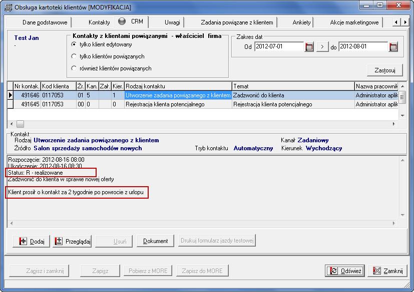 Wprowadzone w zadaniu zmiany są również automatycznie wprowadzane we wpisie CRM z