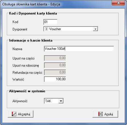 Zmiany w module słowników 1. Dodano możliwość rejestrowania katy klienta typu Voucher. W słowniku kart klienta dodano możliwość rejestrowania nowego typu kart klienta Voucher.