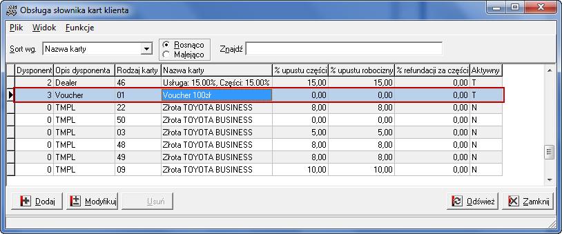 Ekran 38 - Okno słownika kart klientów z widoczną kartą typu