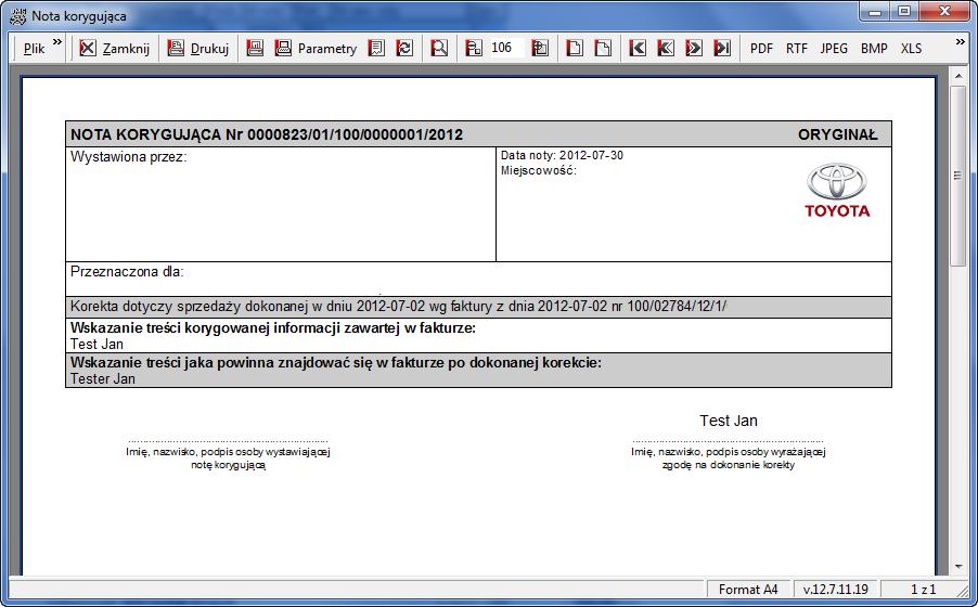 4. Wydruk noty korygującej wykonano w technologii FastReport.