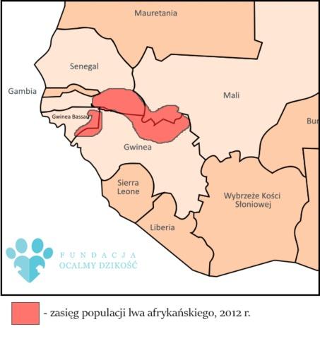 Sytuacja Lwów żyjących na wolności populacja Mapa nr 1: Zasięg populacji Panthera leo senegalensis na terenach Senegalu, Mali, Gwinei i Gwinei Bissau w 2012 oraz 2014 roku.
