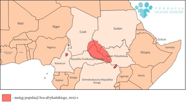 Sytuacja Lwów żyjących na wolności populacja Mapa nr 2: Zasięg populacji Panthera leo w Afryce Centralnej w 2012 r.