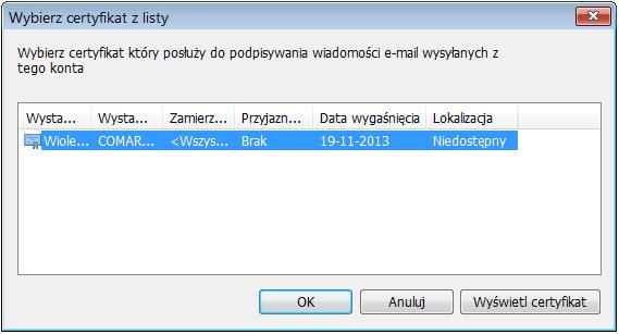 Dodatkowo pojawi się okno: Wybór TAK oznacza, że wiadomość zostanie podpisana a na formularzu konta na zakładce [Certyfikaty podpisów] zostanie dodany wybrany