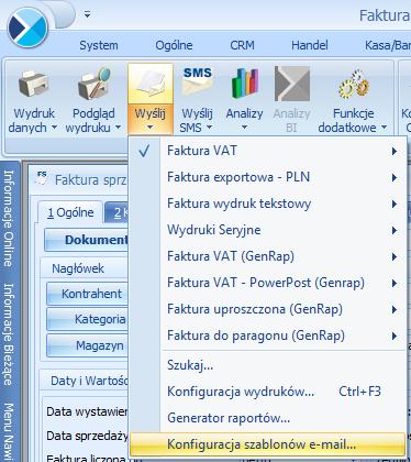 7.4.1 Lista szablonów wiadomości Rys 71. Konfiguracja szablonów e-mail Lista szablonów wyświetlana jest w formie drzewka (tak jak ma to miejsce na oknie do konfiguracji wydruków).