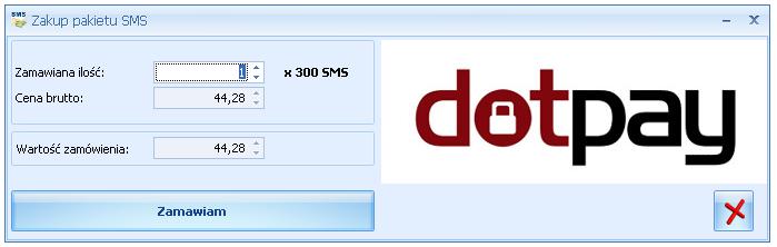 W menu w sekcji w sekcji SMS jest dostępny przycisk umożliwiający zakup pakietów SMS:. Rys 87. Zakup pakietu SMS Zamawiana ilość należy podać, ilość pakietów sms jaką użytkownik chce zamówić.