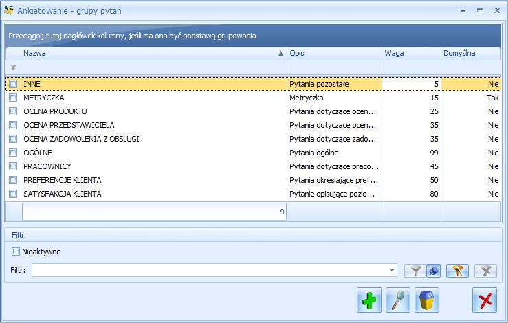Rys 113. Ankietowanie lista grup pytań ankietowych Lista domyślnie uzupełniona jest przykładowymi grupami, które mogą być modyfikowane oraz usuwane.