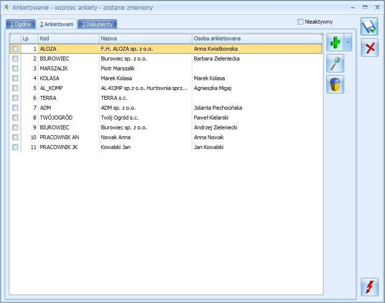 Rys 121. Wzorzec ankiety zakładka [Ankietowani] Lista podmiotów ankietowanych zbudowana jest z następujących kolumn (z możliwością zaznaczenia): Lp. kolejny numer ankietowanego.
