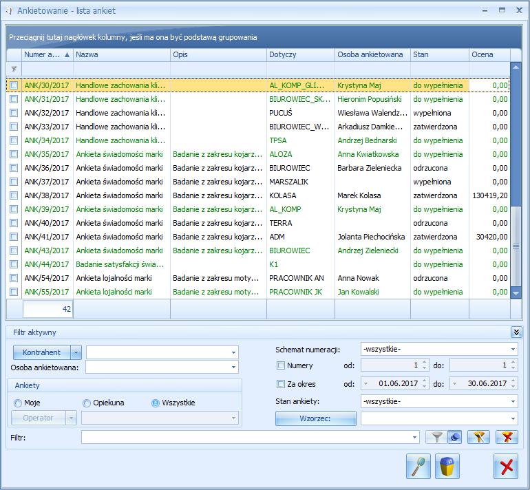 Rys 124. Lista wygenerowanych ankiet Lista wygenerowanych ankiet zbudowana jest z następujących kolumn (z możliwością zaznaczenia): Numer ankiety zawiera numer wygenerowanej ankiety.