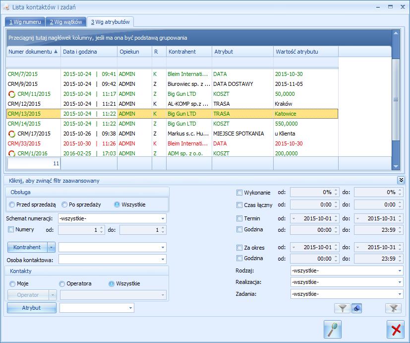 Rys 33. Lista kontaktów i zadań zakładka wg Atrybutów Na zakładce [Wg atrybutów] możliwe jest filtrowanie zadań/ kontaktów, wg przypisanych atrybutów.