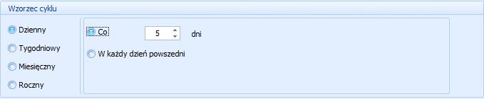 W trybie dziennym można określić wystąpienie pojedynczego zadania na dwa sposoby: co ( ) dni zadanie będzie powtarzane co tyle dni (max.