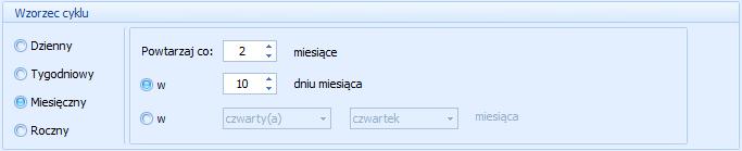 W trybie miesięcznym istnieje możliwość zdefiniowania, co ile miesięcy (max. 999) ma być powtarzane zadanie.