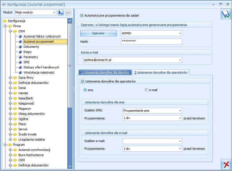 Konta e-mail oraz SMS (szczegóły konfiguracji programu dla konta e-mail oraz SMS znajdują się w podręczniku Comarch ERP Optima - ).