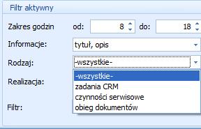 serwisowym, obieg dokumentów etapy wybrane na dokumencie firmowym/ wspólnym w bibliotece dokumentów. 5. Realizacja Możliwość wyfiltrowania wydarzeń zrealizowanych i niezrealizowanych.