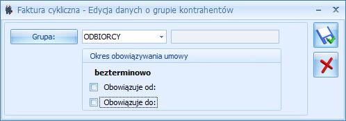 Przed dodaniem zaznaczonych podmiotów pojawia się okno z możliwością podania okresu obowiązywania umowy. Usuń- umożliwia usunięcie podmiotu.