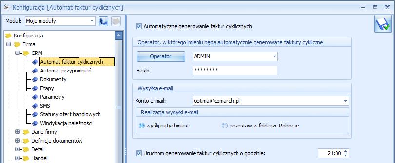 Rys 60. Konfiguracja Automatu faktur cyklicznych Na formularzu wzorca faktury cyklicznej, na zakładce [Ogólne] widnieje panel dotyczący automatycznego generowania faktur.