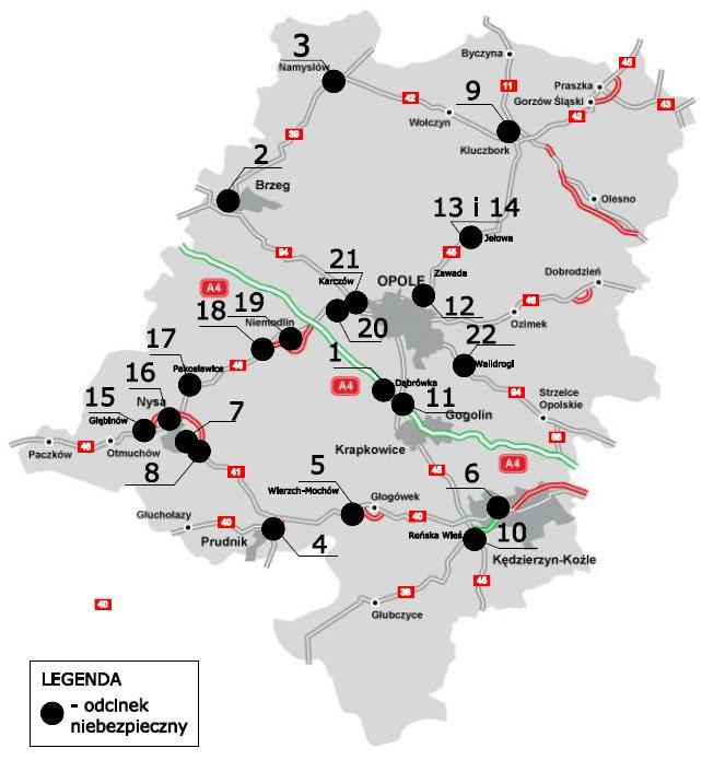 5.2. Przedsięwzięcia Generalnej Dyrekcji Dróg Krajowych i Autostrad oddział w Opolu Drogami krajowymi (DK), na których należy w pierwszej kolejności podjąć działania z zakresu poprawy bezpieczeństwa