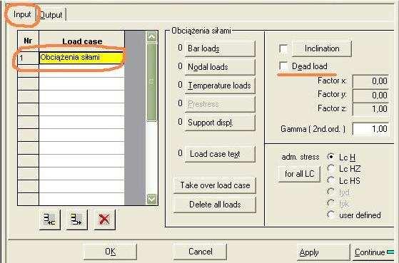 6 Aby przejść do definiowania obciążeń należy w lewym oknie kliknąć podwójnie w opcję Load input DEFINIOWANIE OBCIĄŻEŃ SIŁAMI W zakładce Input kliknąć dwukrotnie na pierwszą pozycję w tabelce i
