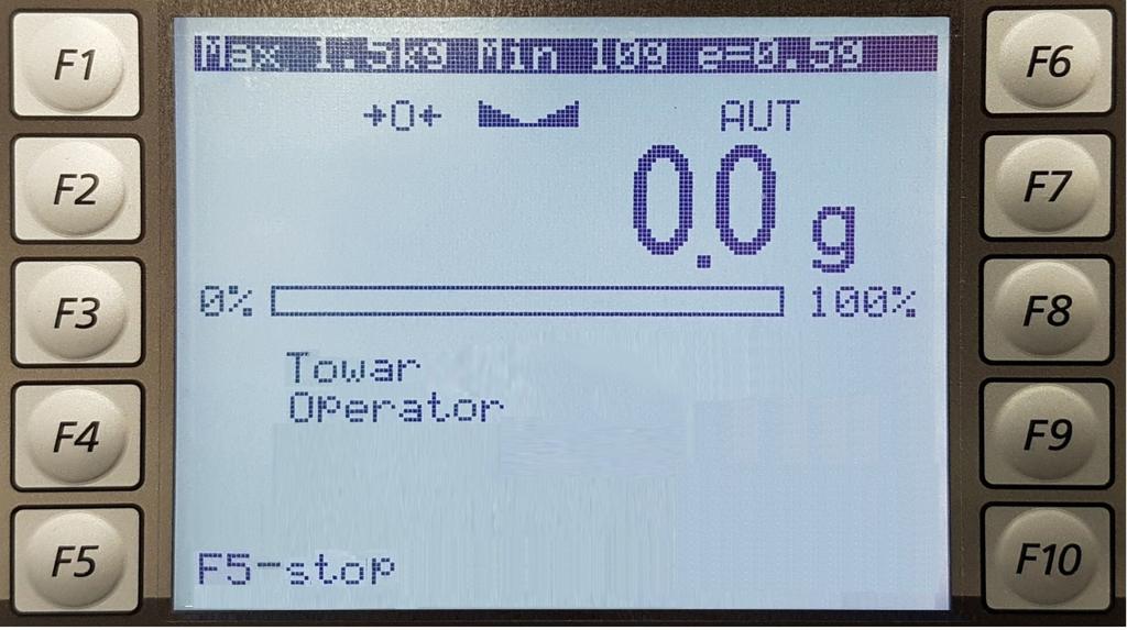 Przykładowy ekranu wagi podczas kontroli z wyróżnioną funkcja klawisza F5.: Rodzaj i parametry kontroli ustawiane są przez operatora komputera, co opisano w instrukcji programu komputerowego.