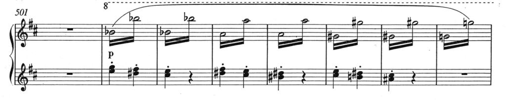 5. Wymień dwa skróty pisowni muzycznej, które zastosowano w poniższym fragmencie. F. Liszt Csárdás macabre, t. 501-508.... 6.