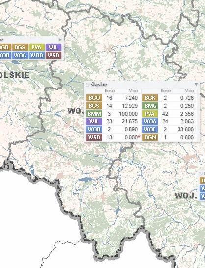 Odnawialne źródła energii w województwie śląskim Wg mapy odnawialnych źródeł energii opracowanej przez Urząd Regulacji Energetyki ilość i moc większych instalacji tego typu jest następująca: Rysunek