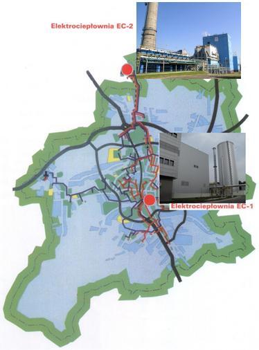 Rysunek 4-1 Lokalizacja źródeł ciepła Zakładu Wytwarzania Bielsko-Biała na terenie miasta