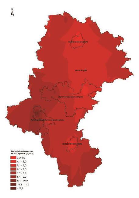 Rysunek 5-9 Obszary przekroczeń średnich stężeń rocznych benzo[a]pirenu - kryterium ochrona zdrowia ludzi źródło: Trzynasta roczna ocena jakości powietrza w województwie śląskim obejmująca 2014 rok