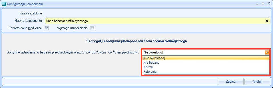 1. Gabinet 1.1. Dodano możliwość określenia wartości domyślnych w karcie badania profilaktycznego Dodano możliwość domyślnego ustawienia w badaniu przedmiotowym wartości pól od "Skóra" do "Stan psychiczny".