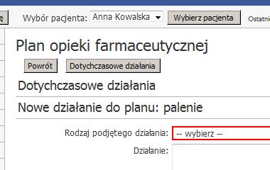 Po kliknięciu 'Edytuj' (rysunek 26: C) widzisz kartę dotyczącą danego planu opieki. Kliknij 'Dotychczasowe działania' (rysunek 27: ).