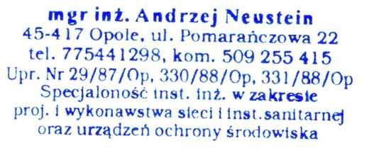 NEUSTEIN s.c. Krystyna i Andrzej Neustein Biuro Projektów Wodociągów i Kanalizacji 45-417 Opole ul. Pomarańczowa 22 tel. 775441298, kom. 509255415 E-mail neustein@op.onet.