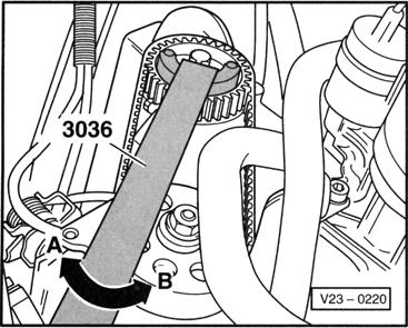 obracaćkoło napędowe pompy wtryskowej wspornikiem 3036 w przeciwna stronę do kierunku pracy silnika, patrz kierunek strzałki A, do momentu zatrzymania się wskazówki czujnika pomiarowego;