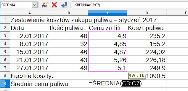 [3/25] [Calc] 6 5 Rysunek 28. Obliczanie wartości średniej arytmetycznej W wyniku tych wykonania tych czynności w komórce C9 zostanie obliczona wartość średniej, tak jak poniżej Rysunek 29.