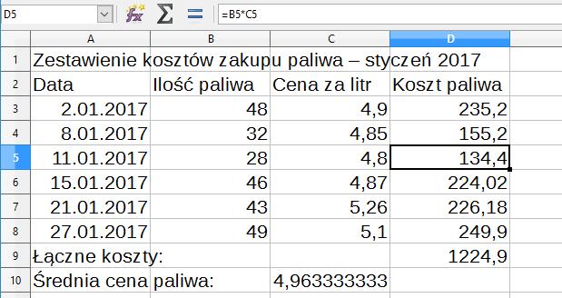 28 [Tab], 4,8. Należy teraz skopiować formułę z komórki D4 do D5.