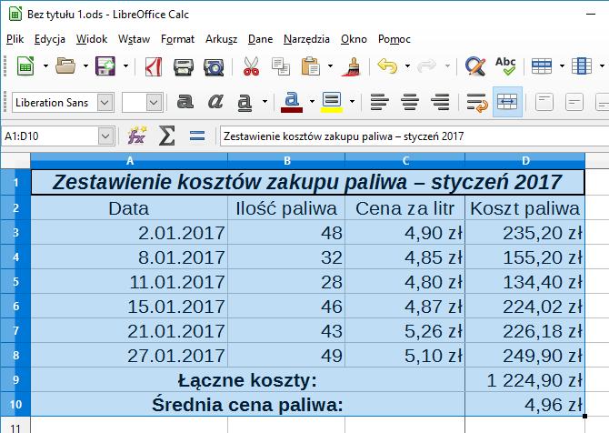 [2/25] [Calc]. Zaznacz zakres A:D0 sposobem prrzeciągania 2. Na pasku górnego menu kliknij Format 3.