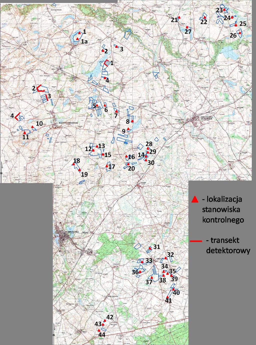 Rysunek 3 Plan sytuacyjny rozmieszczenia detektorowych stanowisk oraz transektów nasłuchowych