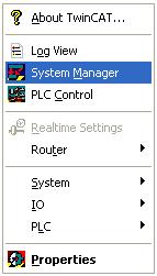 Konfiguracja połączenia w pakiecie TwinCAT Przy pomocy ikony znajdującej się na pasku zadań Windows, należy uruchomić pakiet System Manager a następnie wybrać opcję New z menu
