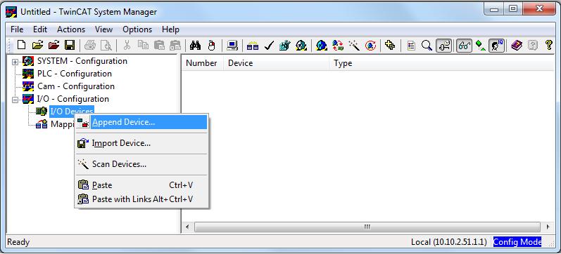 Z menu kontekstowego dla gałęzi I/O-Configuration I/O Devices wybrać opcję