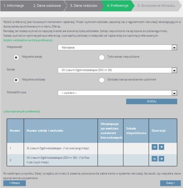 Krok 4 Wybór szkół i klas - preferencje