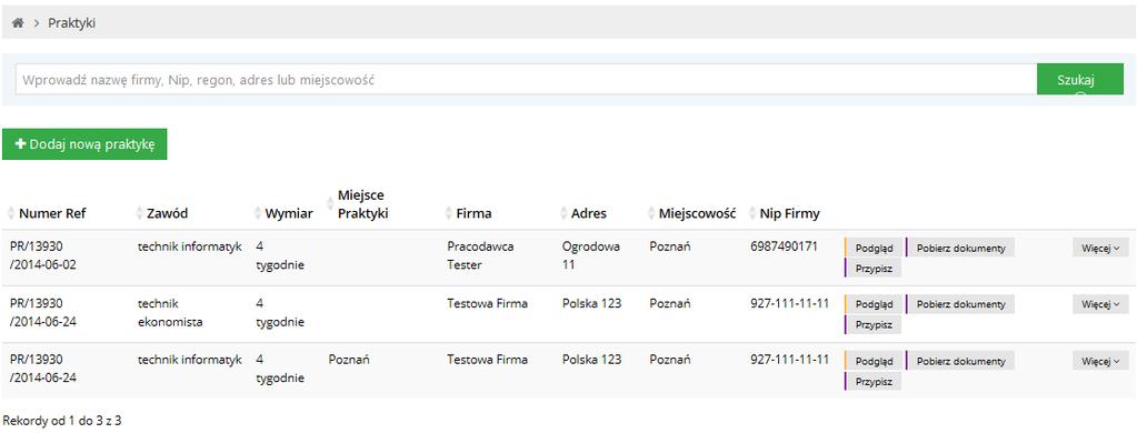 Z poziomu listy praktyk, Kierownik kształcenia praktycznego ma możliwość podglądu praktyki, dopisania uczniów do praktyki poprzez kliknięcie w przycisk Przypisz lub pobrania dokumentów potrzebnych do