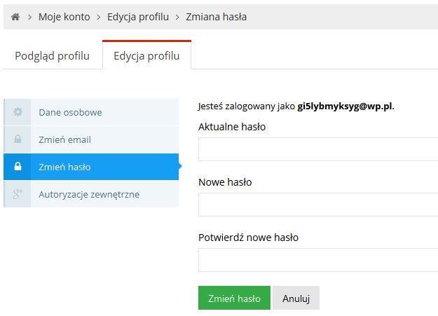 b) Zmiana email (loginu) Aby zmienić email (login) należy przejść do Zmień email: Uwaga!