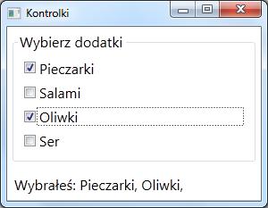 private void klik(object sender, RoutedEventArgs e) string str = "Wybrałeś: "; foreach (CheckBox cbx in dodatki.