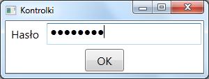 PasswordBox Password pozwala pobrać hasło (hasło przechowywane jest w pamięci w postaci zaszyfrowanej) <StackPanel> <DockPanel> <Label Margin="3">Hasło</Label> <PasswordBox Name="hasło" Margin="3"/>